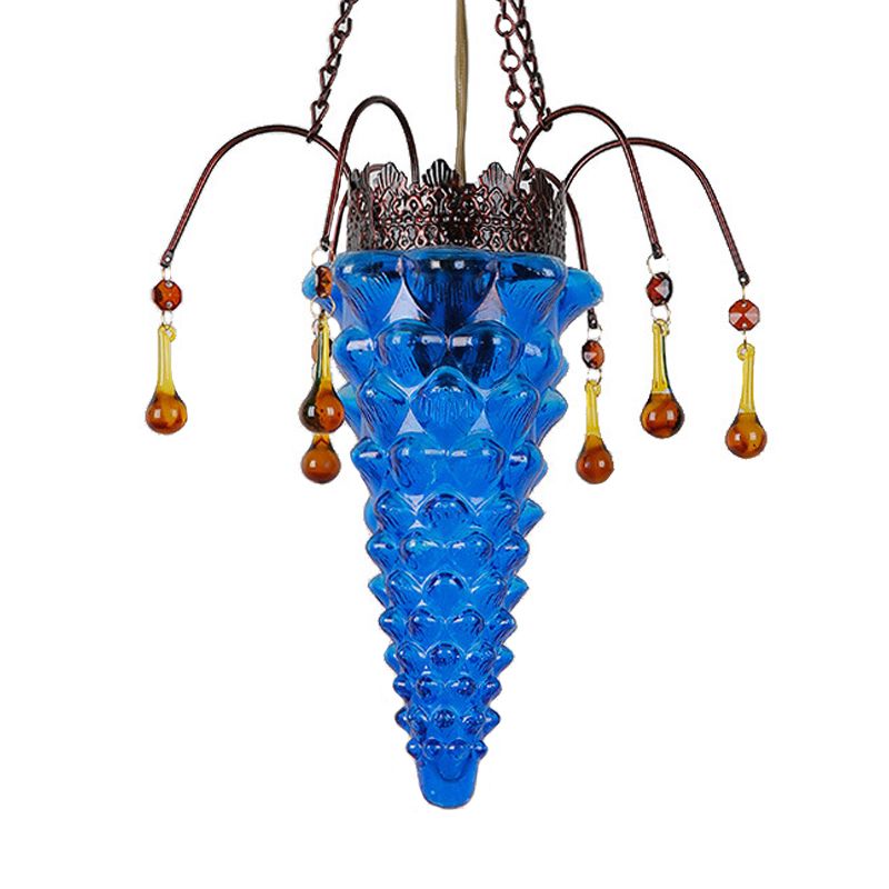 Textured Glass Conical Ceiling Pendant Light Vintage 1 Light Red/Yellow/Blue Dining Room Suspension Lighting Fixture
