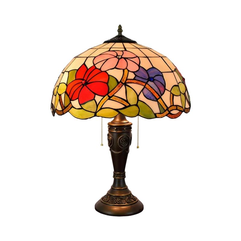 Dome Red/Orange Glass Night Lamp Tiffany 2 Lights Bronze Pull Chain Table Lighting with Carved Base