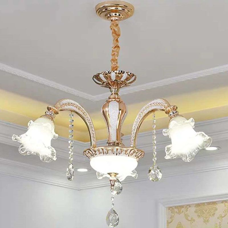 Modernist Floral Pendant Light Kit Clear Glass Living Room Crystal Chandelier Lamp in Gold