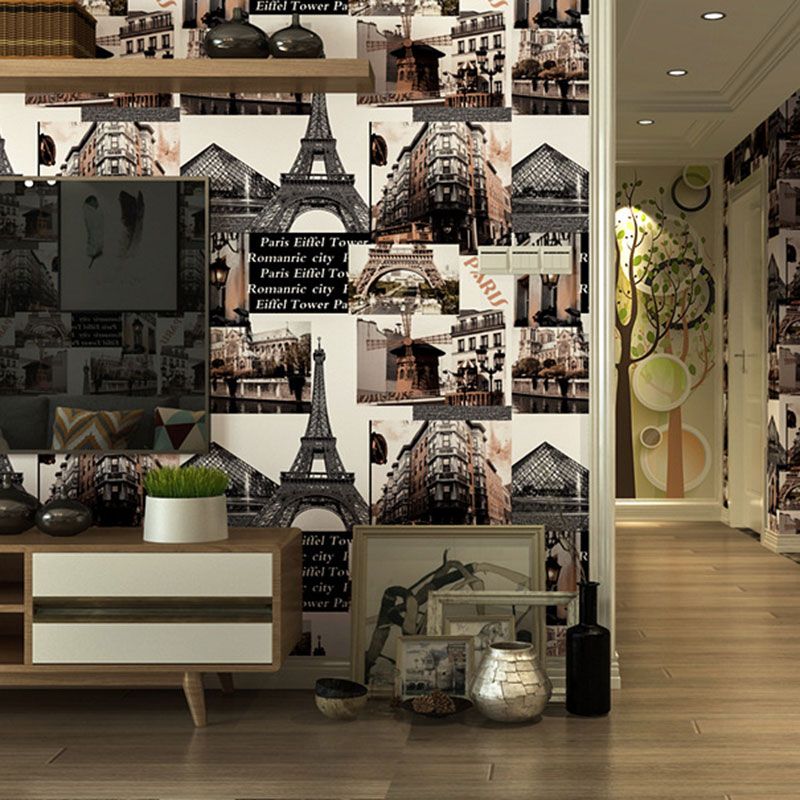 Stain-Resistant Non-Pasted Wall Decor Classic Eiffel Tower PVC Wallpaper in Natural Color