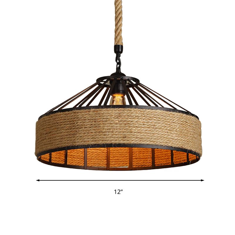 Drum Shade Rope Pendant Ceiling Light Vintage Style 1 Bulb Coffee Shop Hanging Light in Black