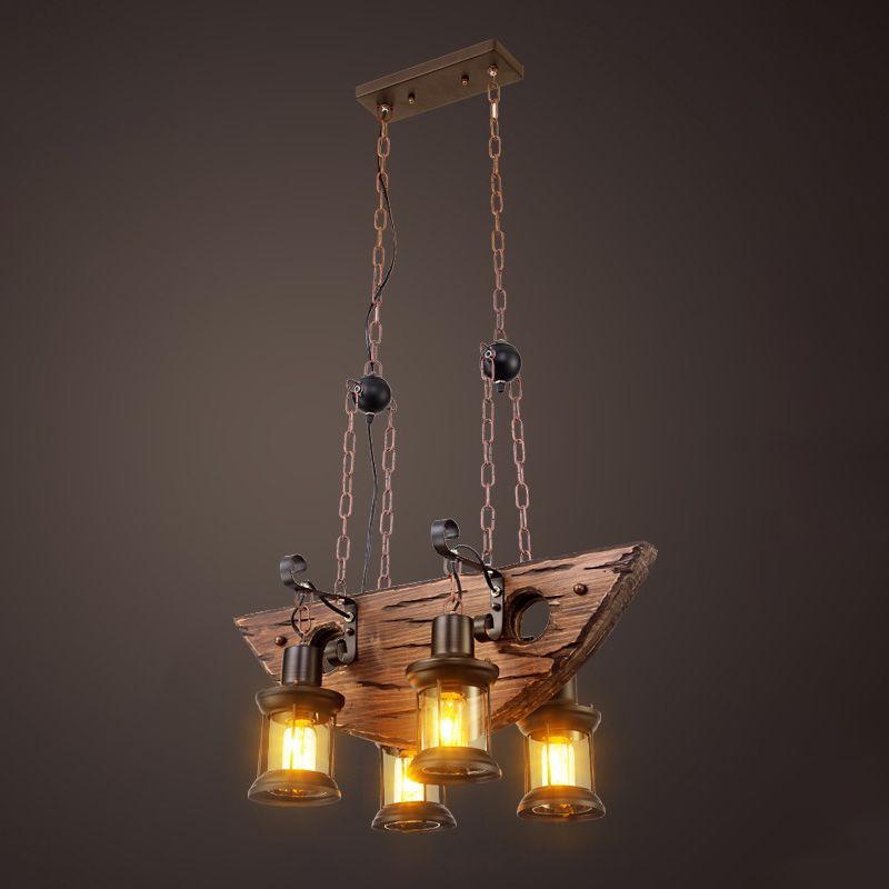 Wooden Brown Bar Pendant Light in Industrial Vintage Style Wrought Iron Hanging Lamp with Glass Shade