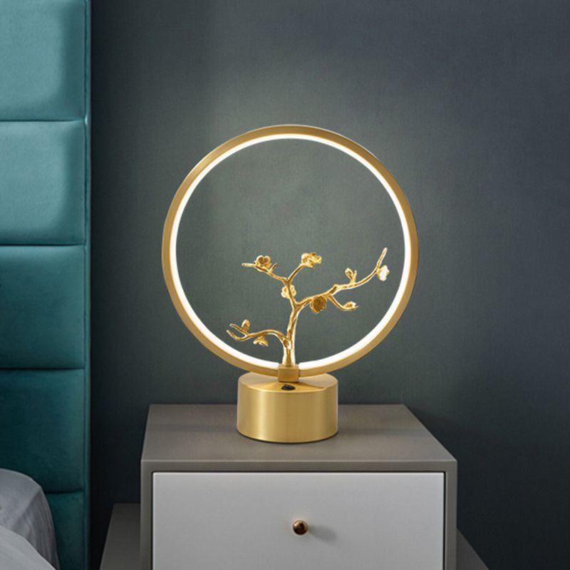 Metallic Ring Night Light Simplicity LED Gold Table Lighting with Inner Tree Decor