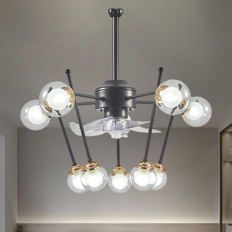 Sphere Parlor Hangende ventilator Licht helder glas 10 koppen 25,5 "Breedte Modernisme 4-Blade semi-flush in zwart