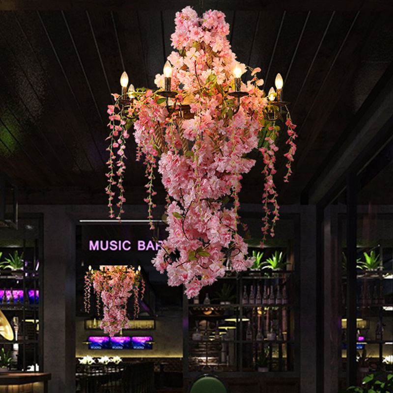 Candlestick Restaurant Chandelier Light Industrial   Metal 6/8 Bulbs Pink LED Flower Hanging Lamp