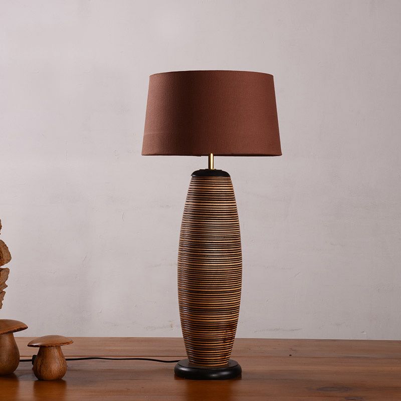 Coffee Cocoon Shaped Night Lighting Asia 1 Head Wood Night Table Lamp with Drum Brown Fabric Shade