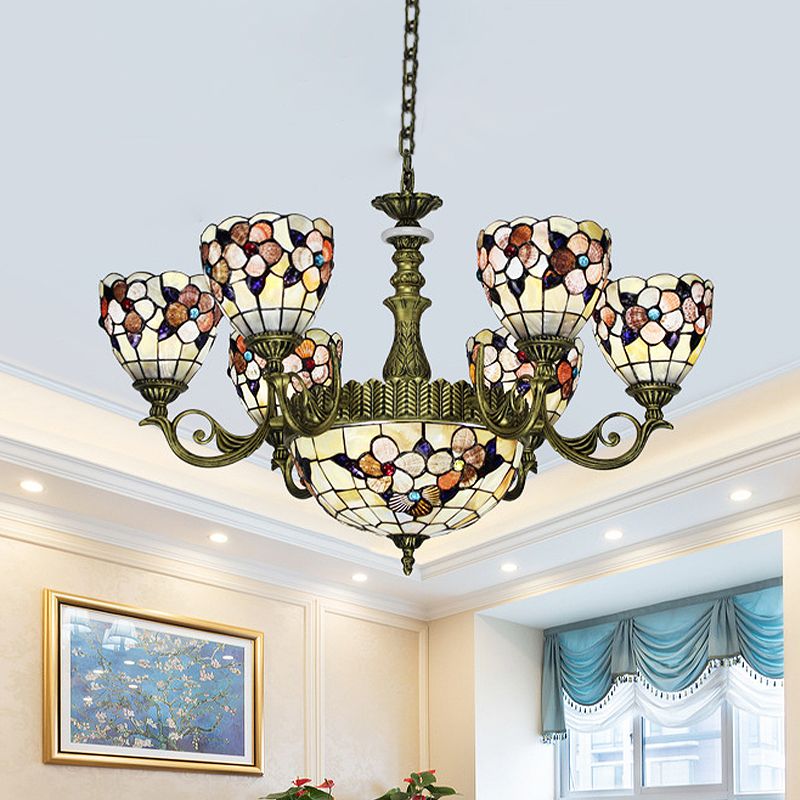 9/11 Lights Bedroom Ceiling Chandelier Tiffany Beige Flower Patterned Suspension Lamp with Bowl Shell Shade