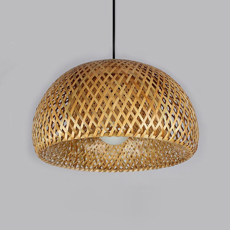 2-Layered Dome Ceiling Hang Lamp Simplicity Bamboo Single-Bulb Tea Room Pendant Light in Wood