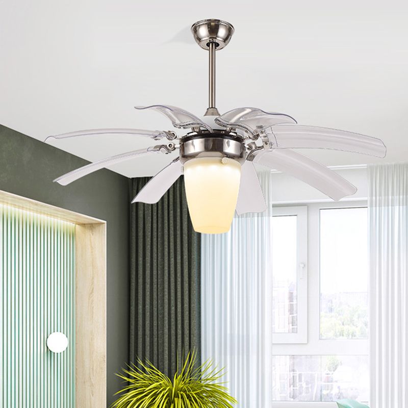 42" W LED Semi Flushmount Contemporary Cone Opal Glass 8 Blades Ceiling Fan Lighting in Silver for Bedroom