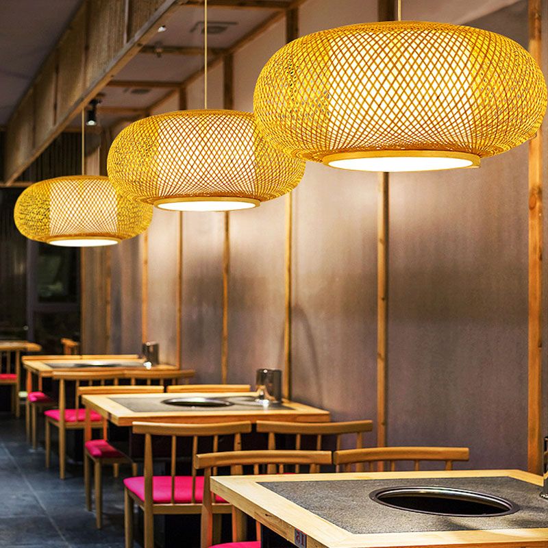 Asian Style Hand-weaving Bamboo Hanging Lamp Lanterns Shaped Single Bulb Lighting Fixture for Restaurant