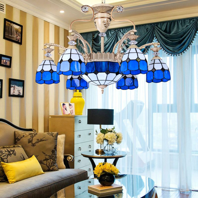 9-Light Chandelier Lighting Tiffany Grid Patterned Stained Glass Ceiling Lamp in Blue