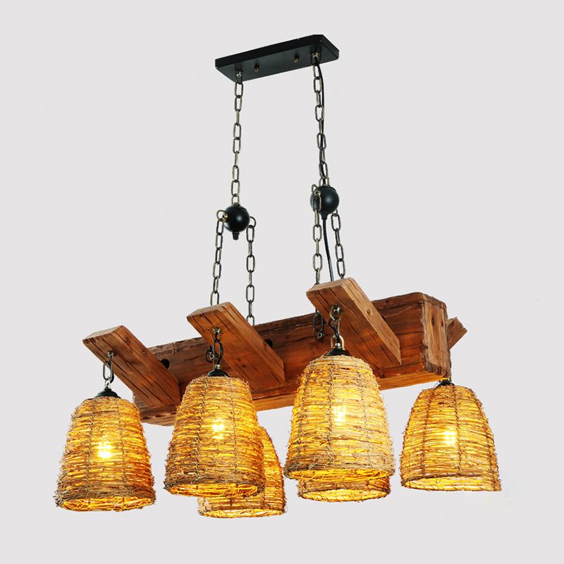 Rattan Wood Pendant Chandelier Bell Shade Industrial Hanging Light Fixture for Dining Room