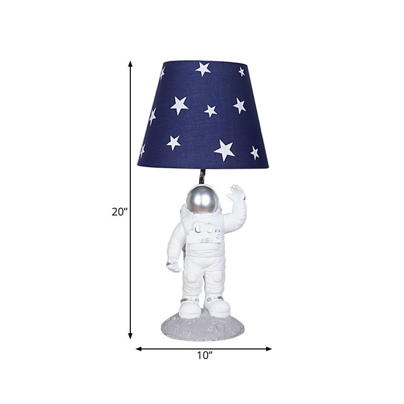 Blue Empire Shade Night Lamp Kids Single Star Patterned Fabric Table Lighting with Carved Spaceman Base, 10"/13" Wide