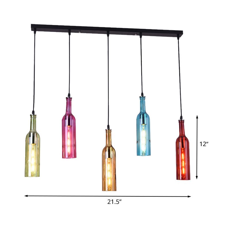 5 Heads Colorful Glass Hanging Lighting Vintage Black Bottle Restaurant Cluster Pendant Lamp with Linear Canopy