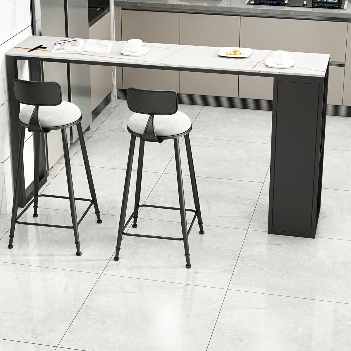 Modern Rectangle Bar Dining Table Double Pedestal Bar Table with Shelves