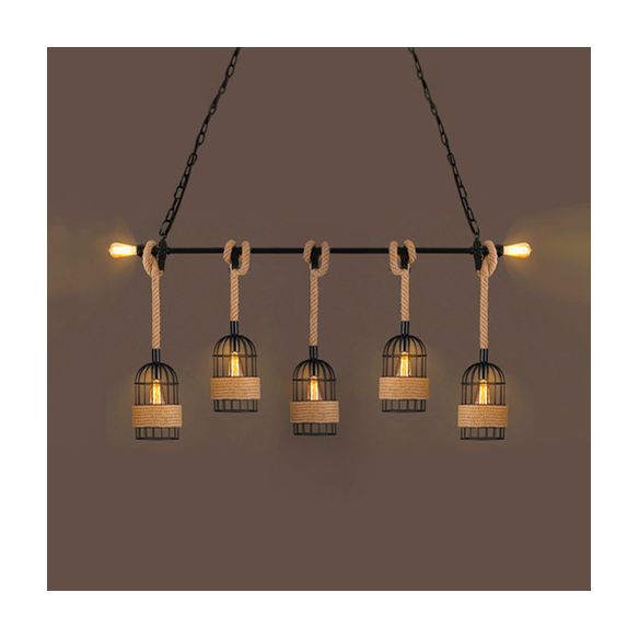 3/5 Bulbs Pendant Lighting with Birdcage and Natural Rope Loft Industrial Restaurant Ceiling Hanging Light in Black