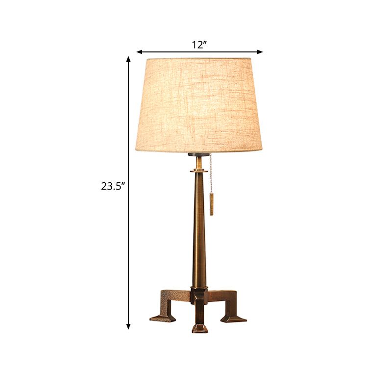 Bronze 1 Bulb Table Lamp Countryside Style Fabric Tapered Shade Desk Light with Pull Chain