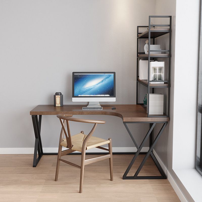 Metal and Wood Corner Writing Desk Industrial Brown Office Office Desk With Bookshelf