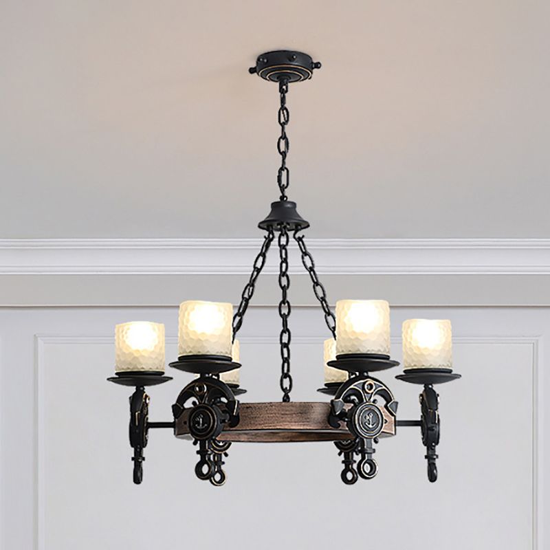 Frosted Textured Glass Wagon Wheel Hanging Chandelier Coastal 6-Light Corridor Pendant Light