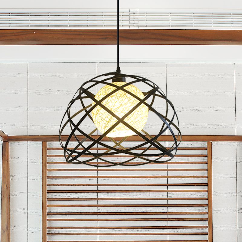 Wire Cage Metal Pendant Light Industrial 1 Light Dining Room Hanging Lamp with Dome Shade in Black