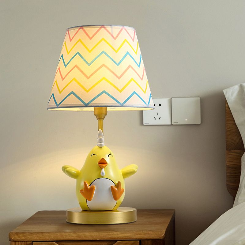 Cartoon Chicken Nightstand Lamp Resin Single-Bulb Bedside Table Light with Tapered Fabric Shade