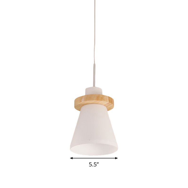 Minimalist Conical White Glass Hanging Light 1 Light Pendant Light with Wood Ring Decoration