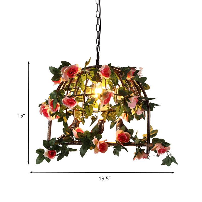 Brass 1 Bulb Pendant Lamp Antique Metal Birdcage LED Flower Suspension Light for Restaurant