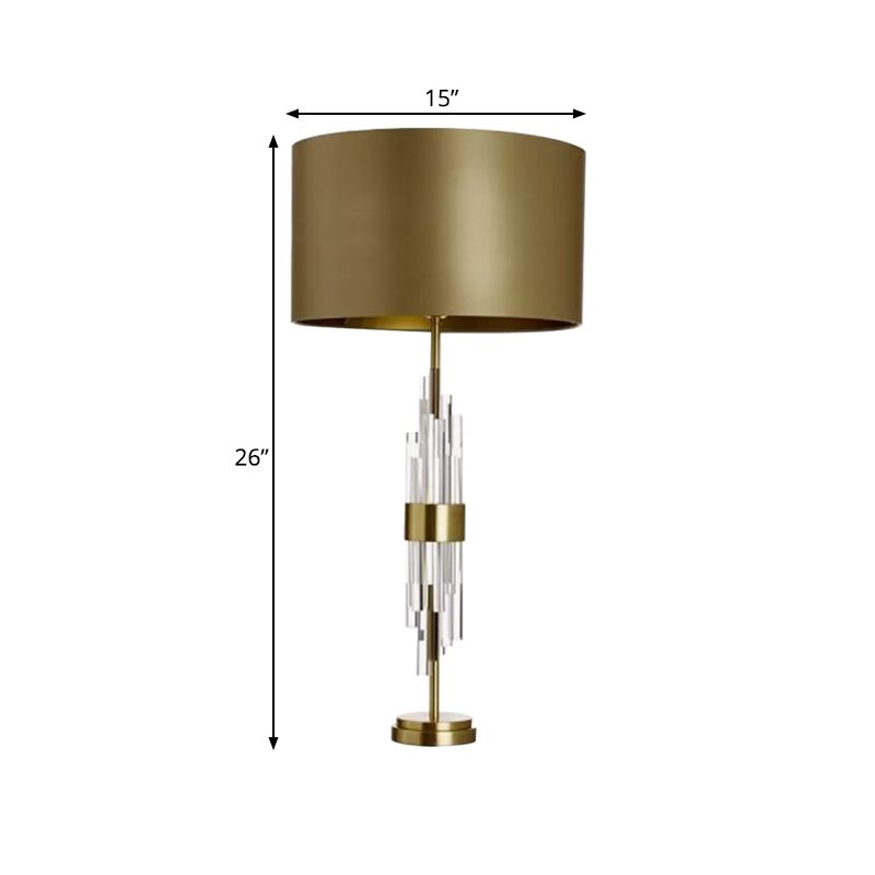 Gold Drum Table Light Minimalist 1-Light 13"/15" Wide Fabric Nightstand Lamp with Prismatic Crystal Accent