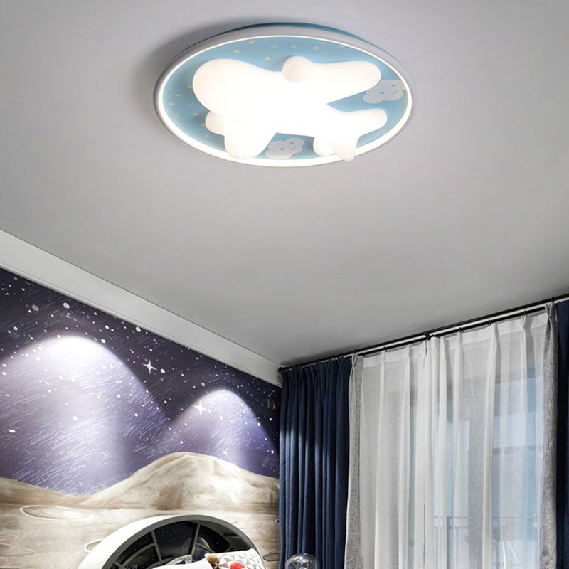 1 - Light LED Flush Mount Light Round Kids Style Flush in Blue and White