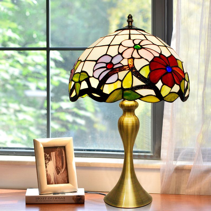 Tiffany Bowl Night Table Lighting 1-Light Stained Art Glass Desk Lamp in Gold with Blossom Pattern