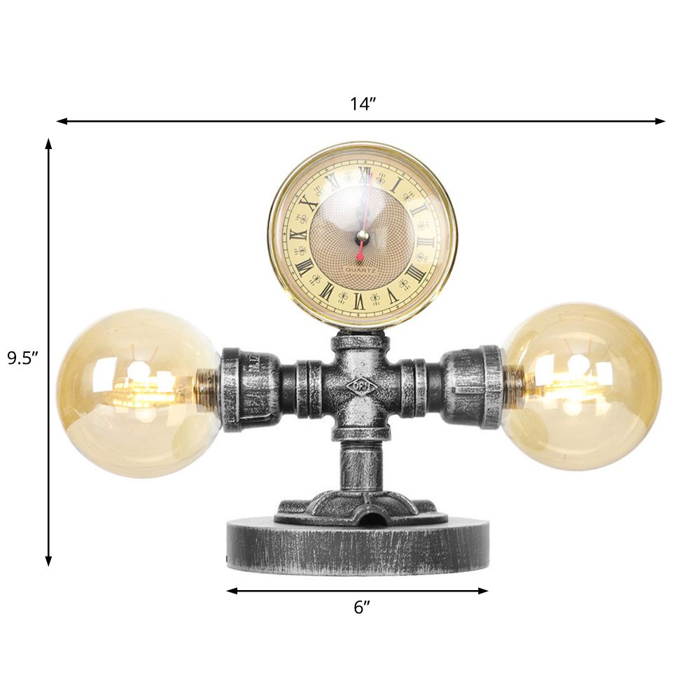 Industrial Round Shade Table Lamp 2 Lights Clear/Amber Glass Desk Light in Antique Silver with Base