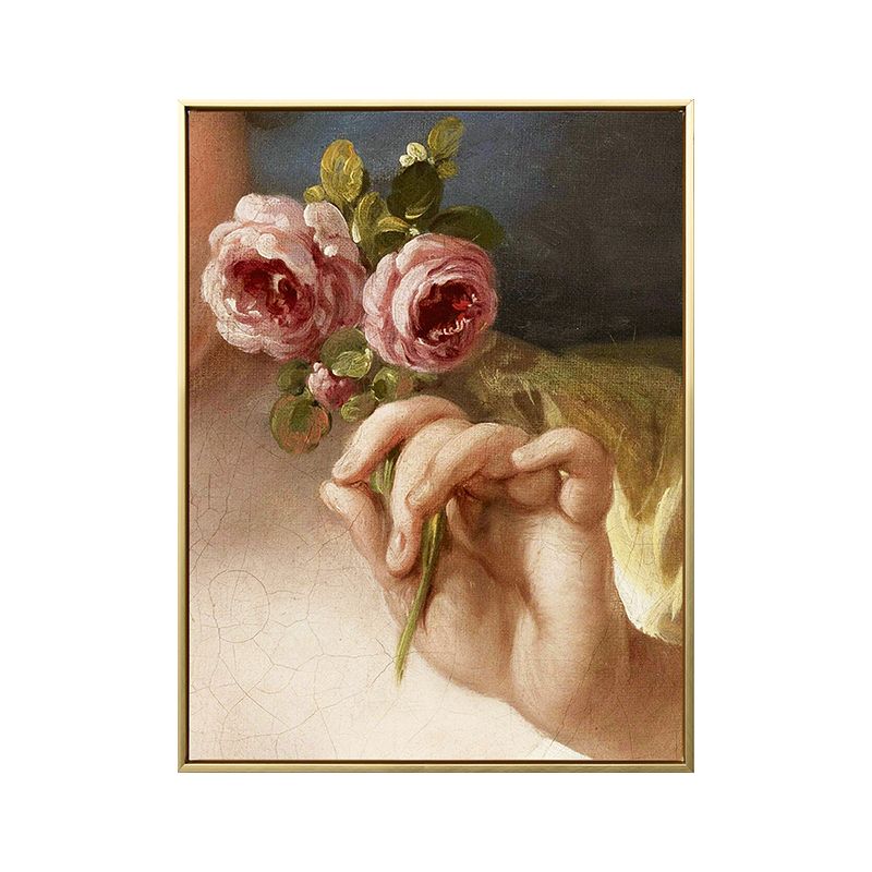 Canvas Print Textured Painting Nostalgic Hand Holding Rose Wall Art Decor in Yellow