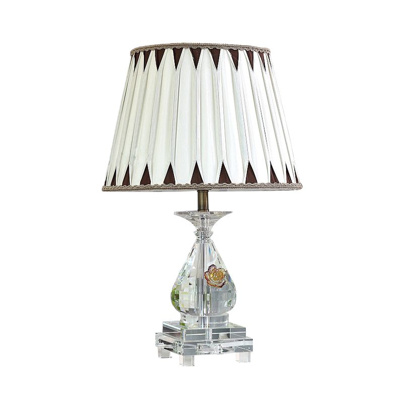 Single Bulb Table Lamp Rural Pleated Shade Fabric Night Light in White with Crystal Base for Bedroom