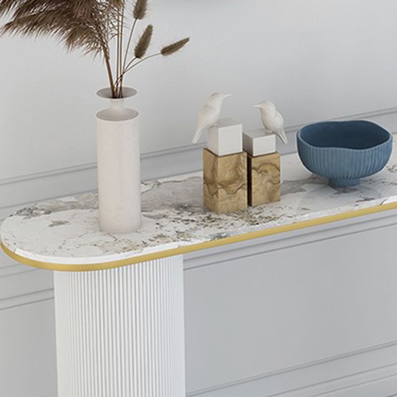 Half Moon Stone Top Accent Table with White and Golden Iron Base