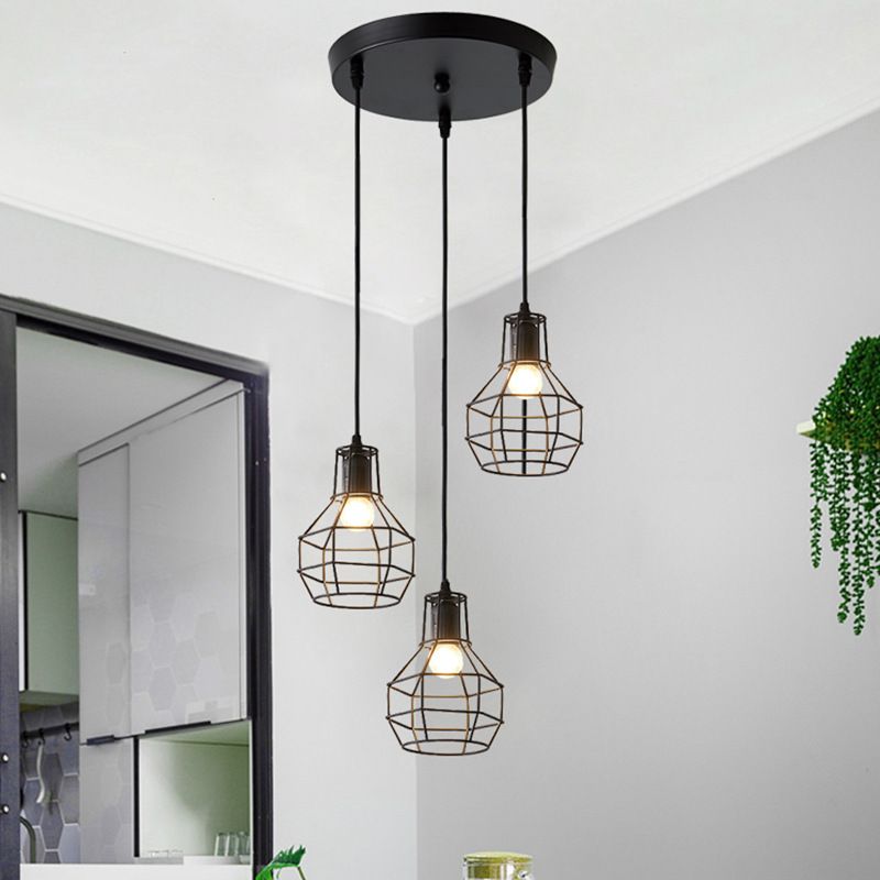 Cage Shade Pendant Lamp Industrial Black Finish Iron Hanging Light for Dining Room