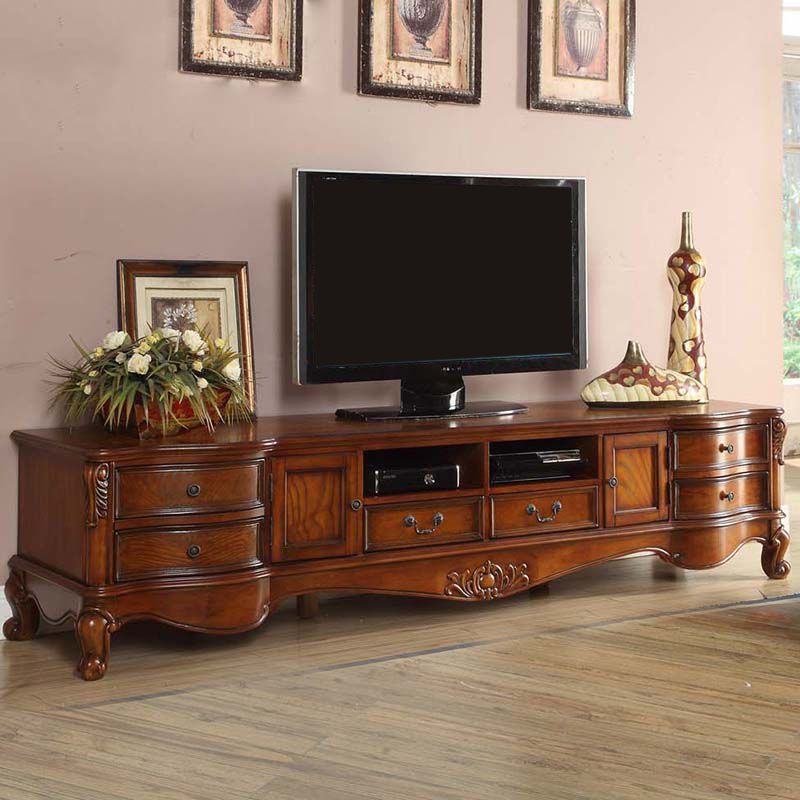 Traditional Style TV Stand Brown Birch Wood TV Cabinet with Shelves