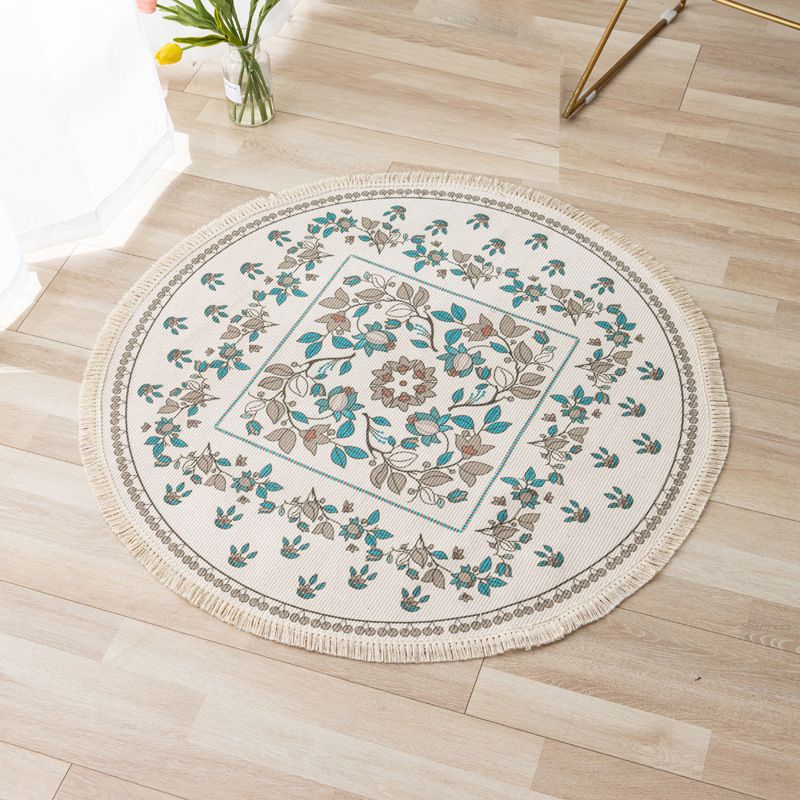 Moroccan Floral Print Rug Multi-Color Carpet with Fringe Cotton Blend Washable Rug for Home Decor