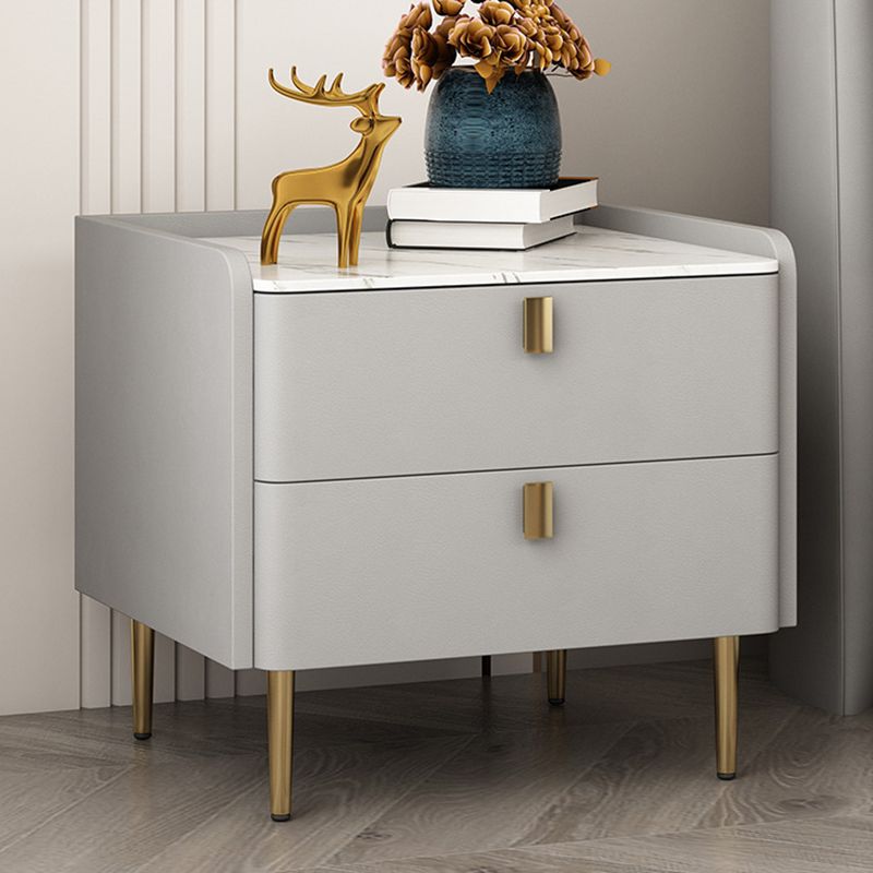 Glam 2-Drawer Nightstand Stone Top Solid Wood Legs Included Bed Nightstand