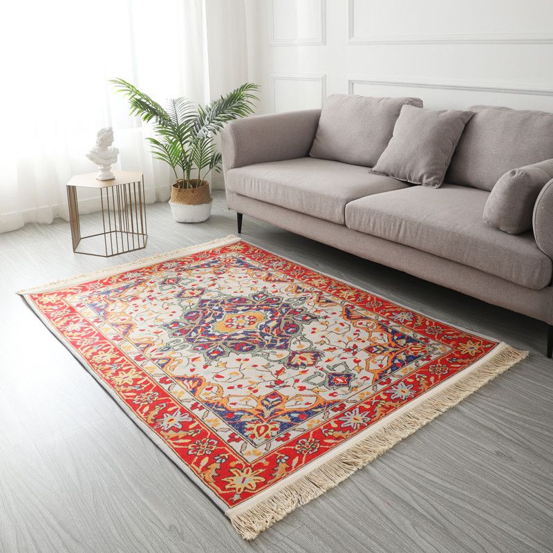 Red Traditional Carpet Antique Pattern Polyester Area Rug Fringe Non-Slip Backing Rug for Home Decor