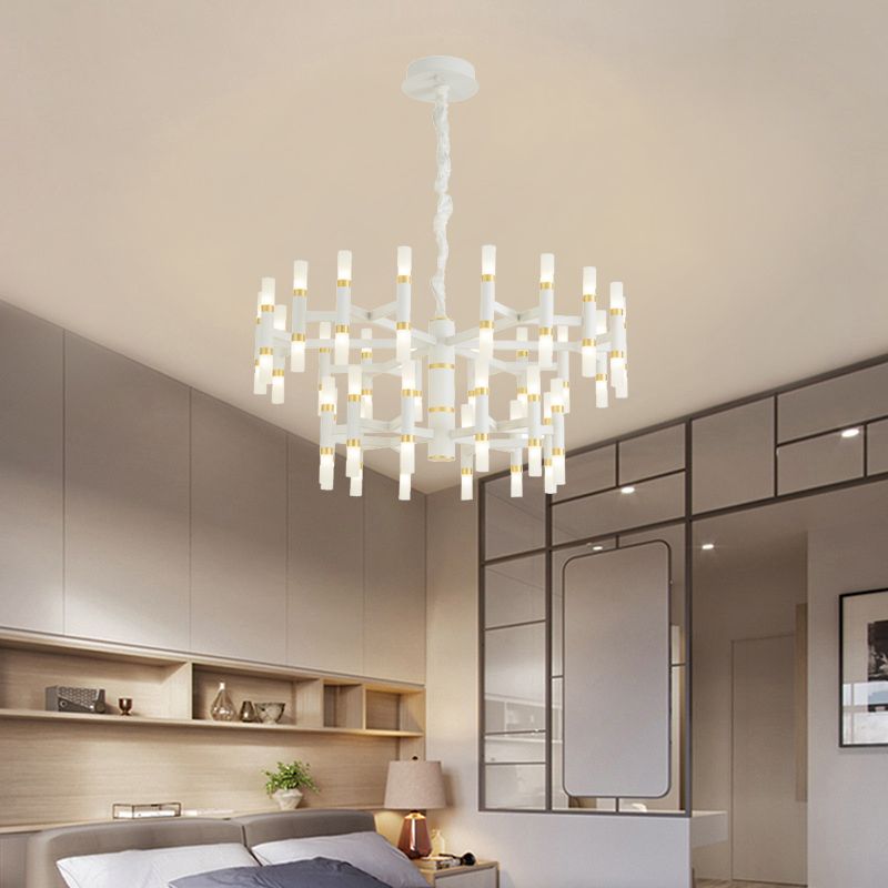 24/36/60 Lights LED Bedroom Chandelier with Tubular Iron Shade Modern Black/White Ceiling Pendant