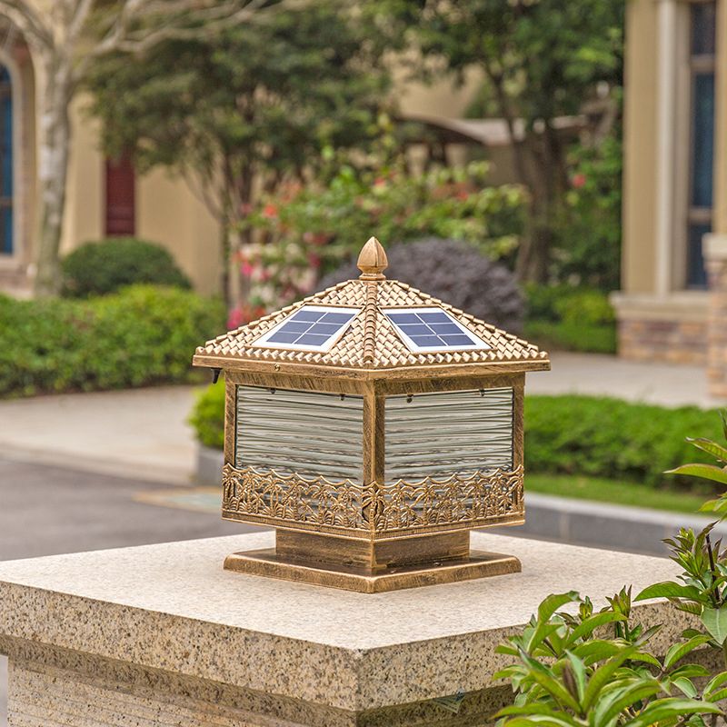 House Aluminum LED Pillar Lamp Rustic Courtyard Solar Post Lighting Fixture with Frosted Acrylic Shade in Bronze