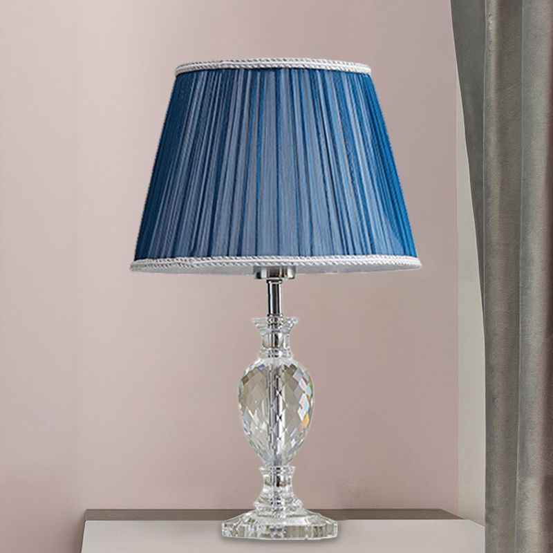 Traditional Pleated Shade Crystal Nightstand Lamp 1 Head Fabric Table Light in Yellow/Blue for Parlor