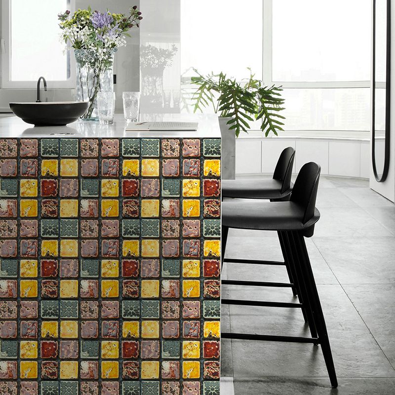 Mosaic Distressed Tile Wallpaper Panel Modern PVC Wall Covering in Red-Yellow-Green, Temporary