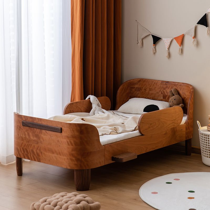 Scandinavian Bed with  Brown Solid Wood Panel Bed with Guardrail