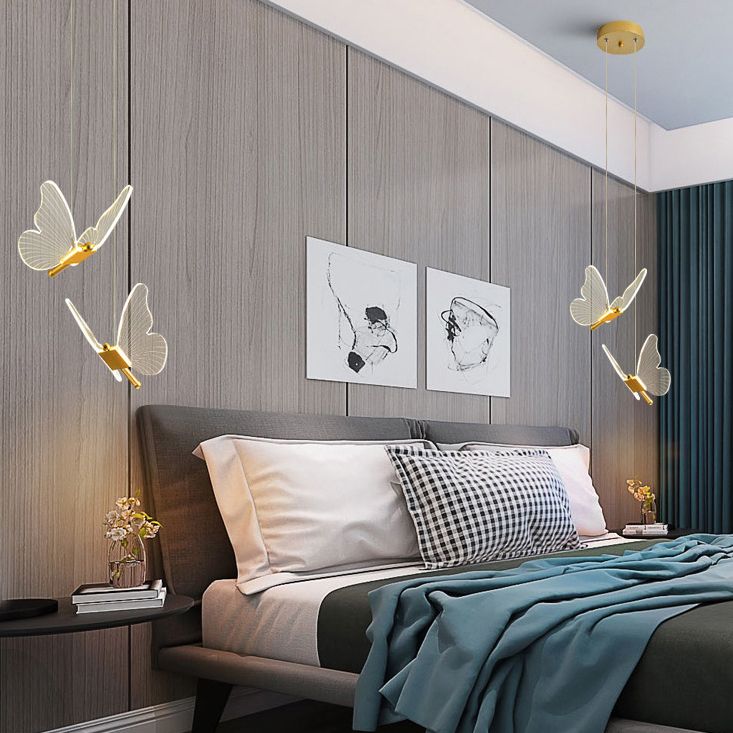 Iron Gold Pendant Lamp in Modern Luxury Style Acrylic Butterfly LED Hanging Lamp for Bedroom