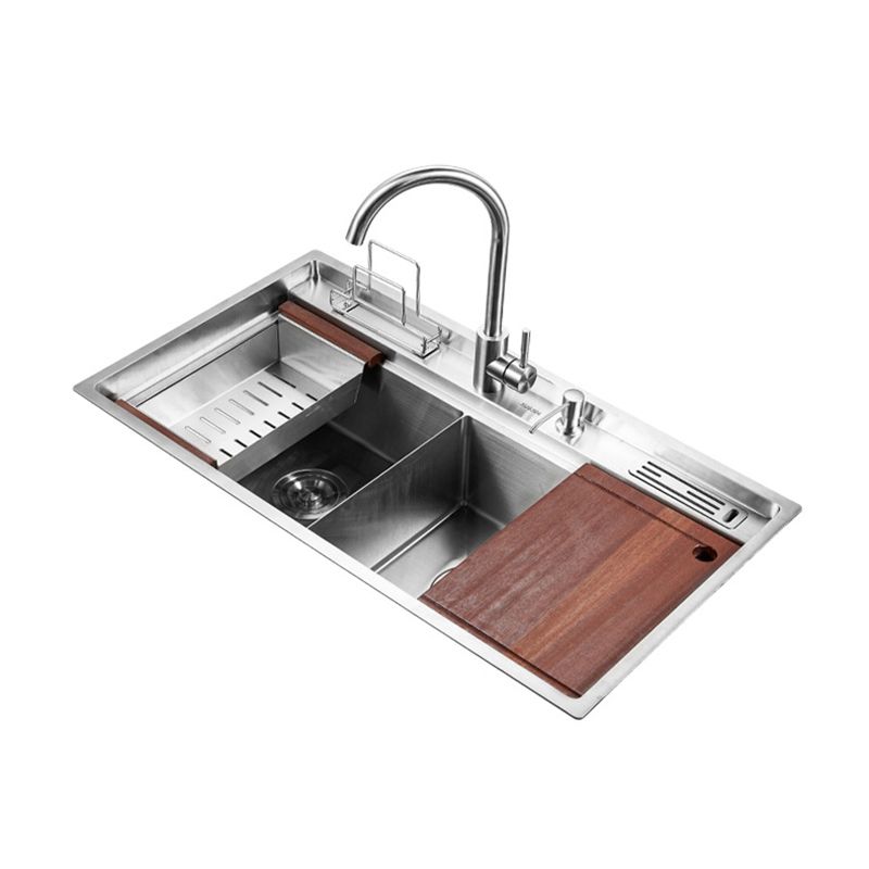 Modern Kitchen Sink Stainless Steel Double Sink with Grid and Strainer Workstation