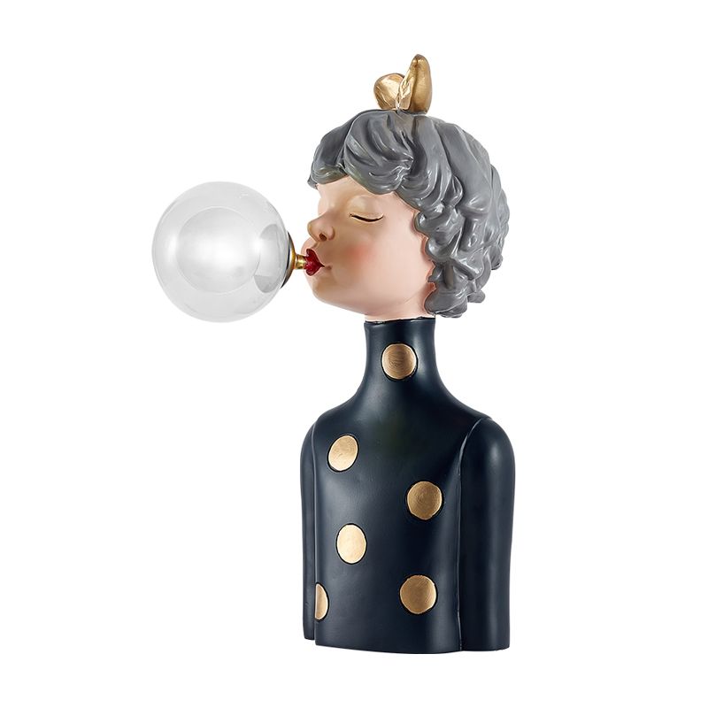 Blowing Bubble Girl Resin Desk Light Cartoon 1 Bulb Black Night Lamp with Clear/Blue/Green Glass Shade