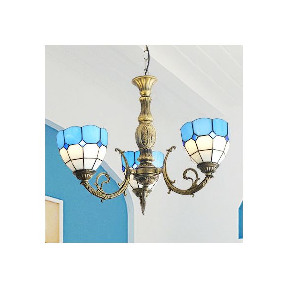 Blue Bowl Shade Chandelier Lights Tiffany Stained Glass 3-Light Chandelier Light Fixture in Blue