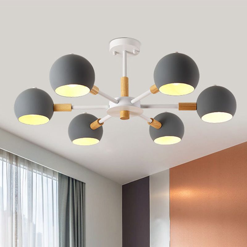 Grey/White Ball Pendant Chandelier Modernism Metal 3/6/8 Heads Hanging Ceiling Light for Living Room