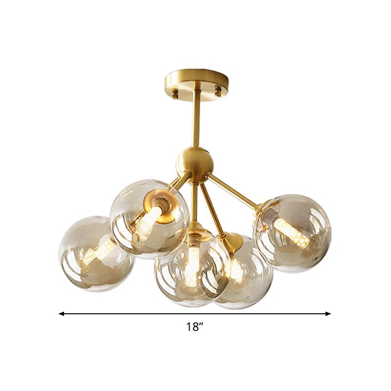 5 Heads Dining Room Pendant Chandelier Modern Brass Hanging Light Kit with Orb Amber Glass Shade